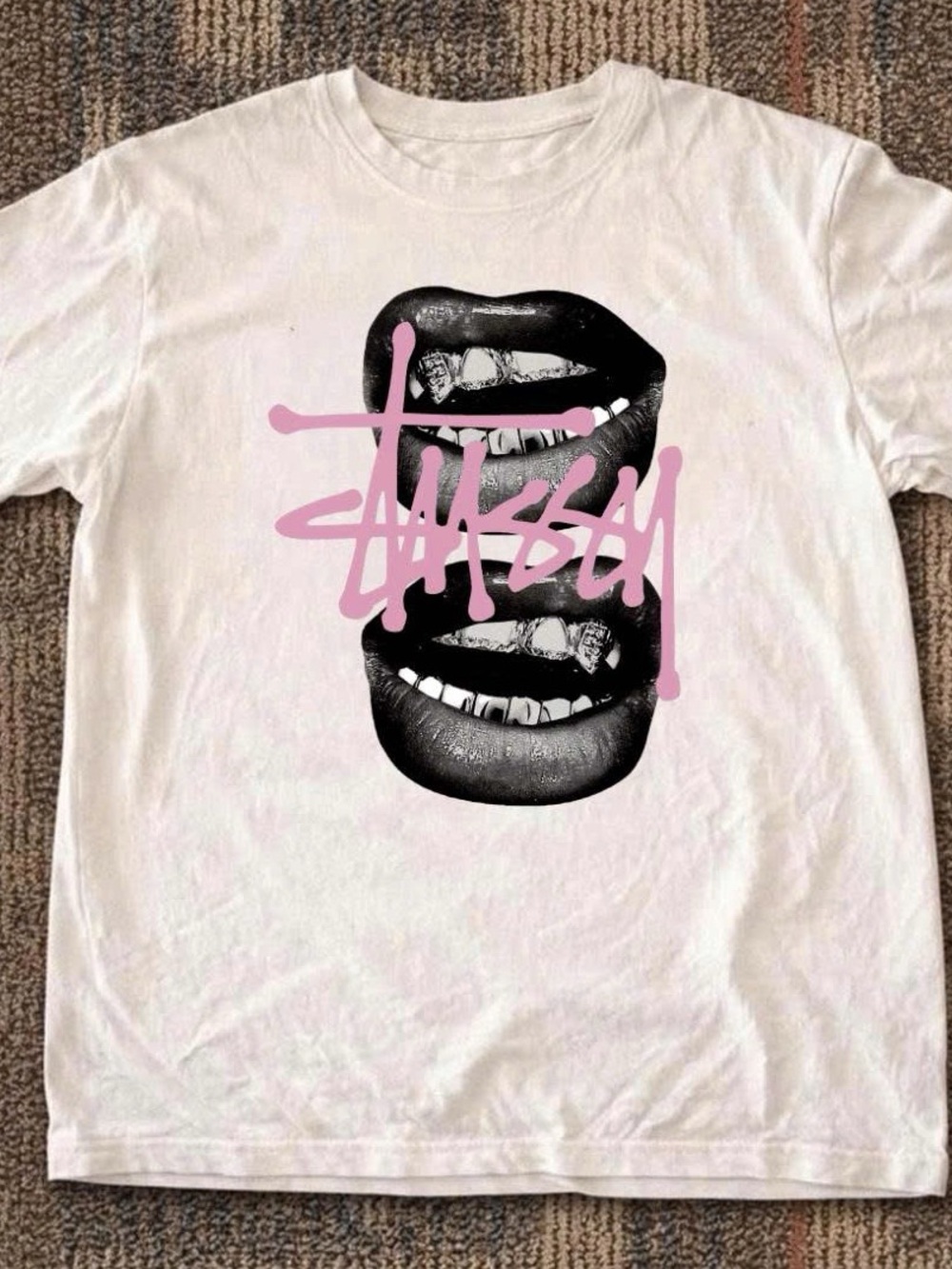 Stussy White Tee with Black Lip Graphic and Pink Script
